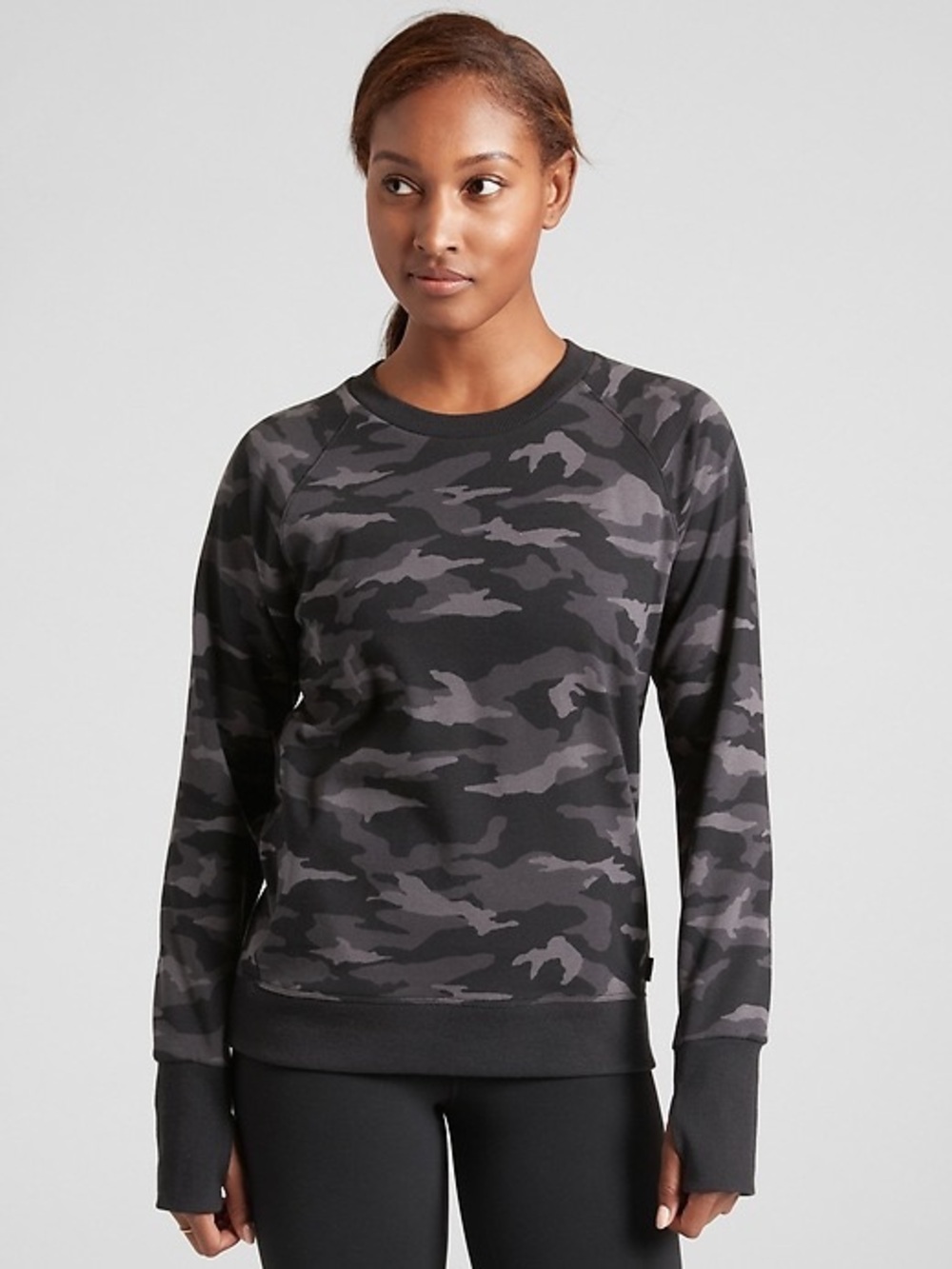 Athleta Black & Gray Camo Crewneck Sweatshirt